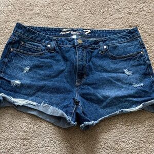 Seven7 Dark Blue Distressed Roll-Cuff Jean Shorts